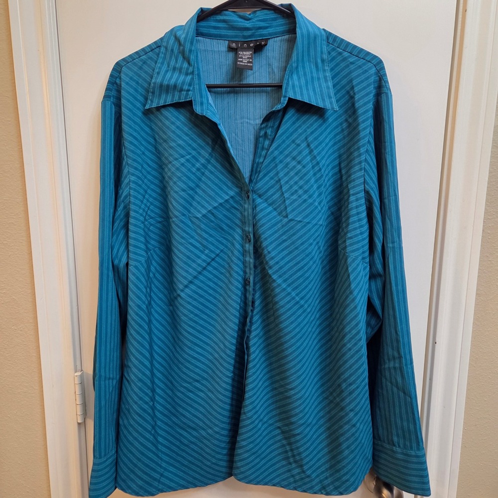 Ninety Teal Blue Stripe Button Up Long Sleeve Blouse Top Style 1970X